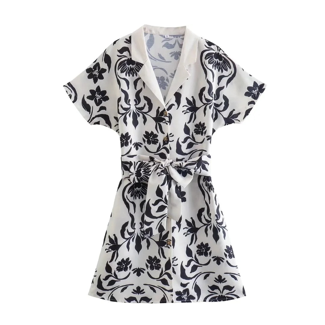 Women Printed Dresses With Bow Belt Summer Flax Elegant Party Short Sleeve Female Causal Mini Dresses