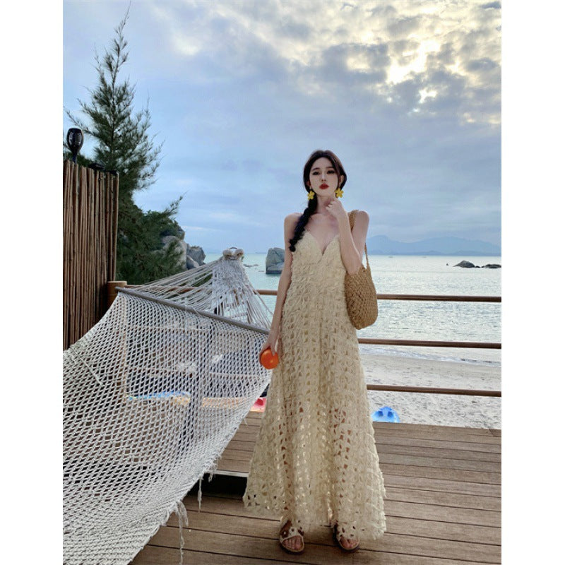 Designer Fashion High Quality Flower Hollow Out A Line Summer Strap Midi Long Dresses Backless Boho Casual Dress