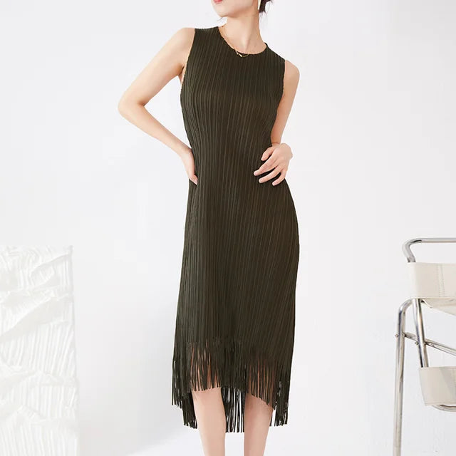 Pleated Dress Women Sleeveless Straight Tassel Summer New Temperament High-end Long Dresses Female Elegant