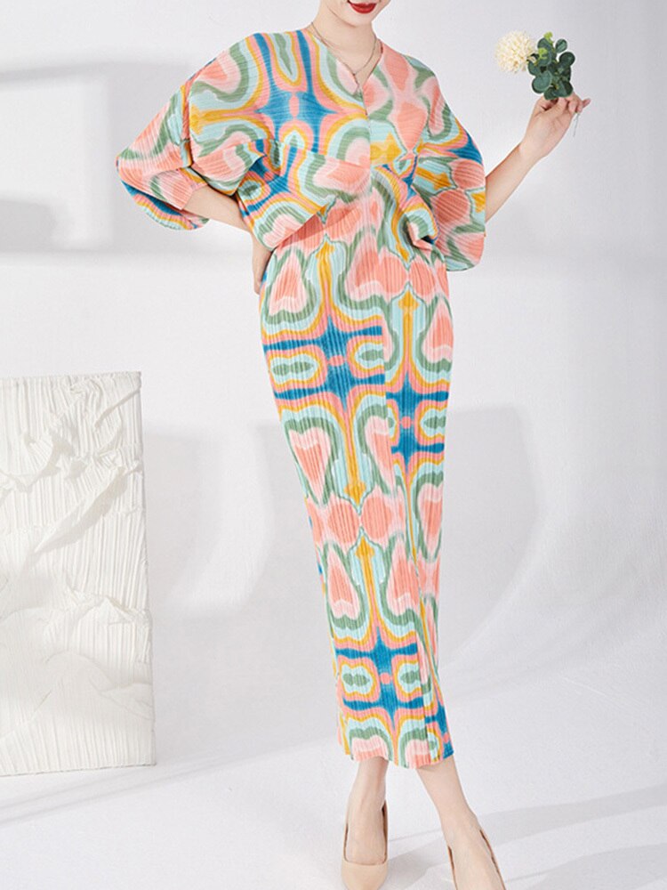 Spring New Pleated Dress Female Printed V Neck Batwing Sleeve Elegant Patry Evening Dresses For Women Clothing