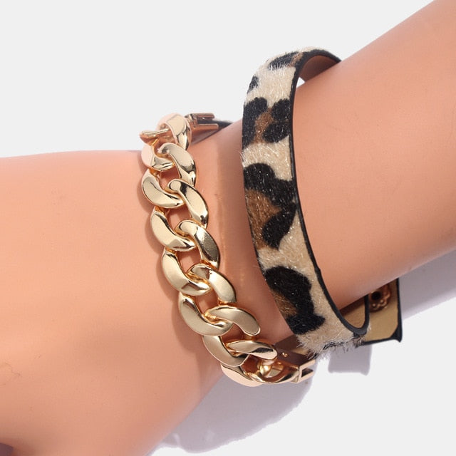 Leopard Bangle Bracelets For Women Boho Gold Color Button Vintage Leather Bracelet Punk Jewelry