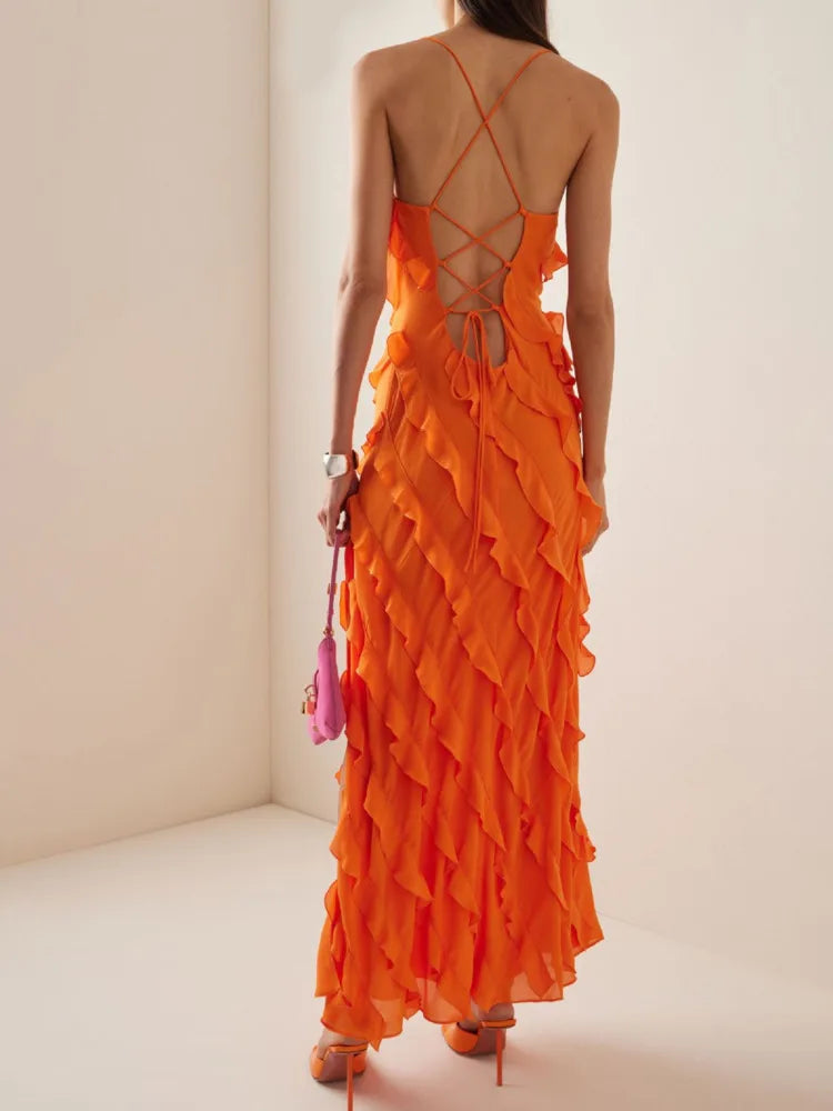 Women's Dress Strapless Spaghetti Strap Backless Ruffles Solid Color Floor-length Dresses Summer
