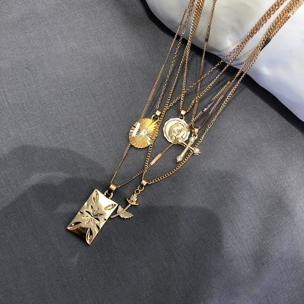 Layered Rose Cross Pendant Choker Necklace Set Boho Golden Carve Portrait Coin Long Chain Necklace Women Christian