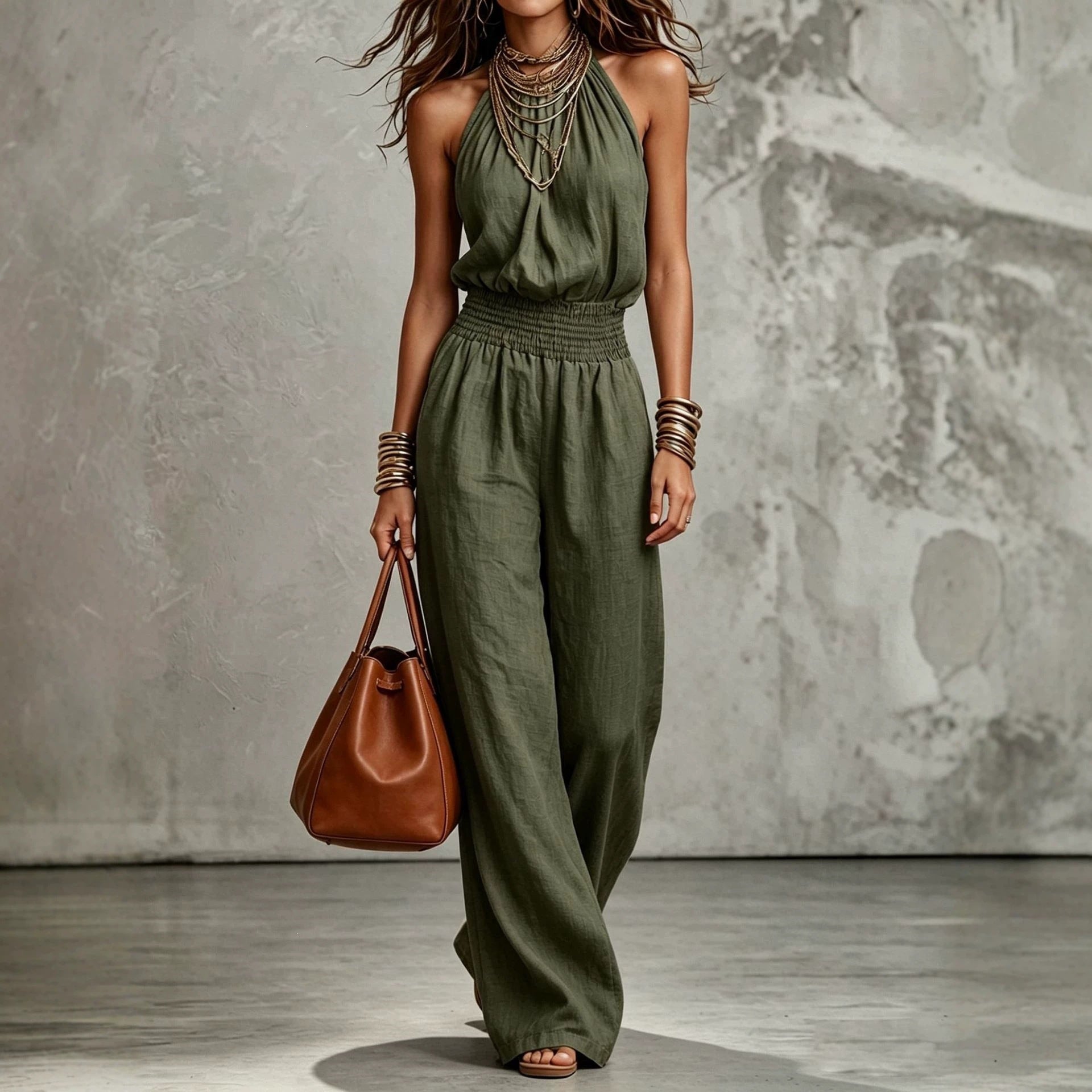 Sleeveless Backless Waist-Tie Halter Wide-Leg Jumpsuit for Women