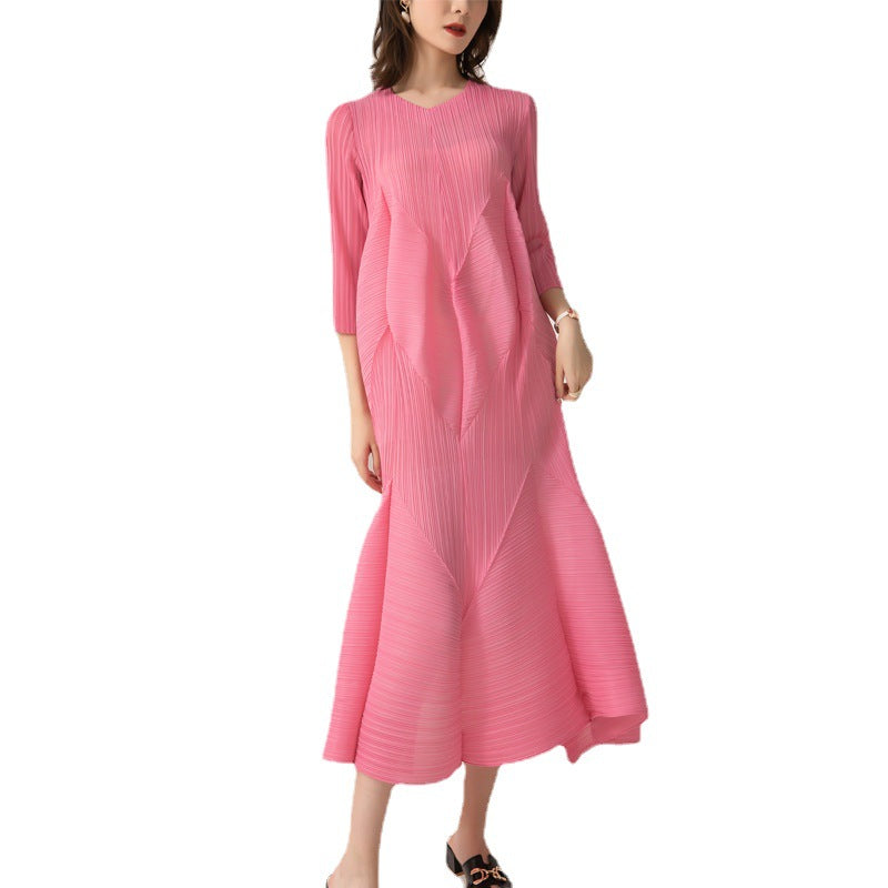 Elegant Pleated Dress For Women Round Neck Long Sleeves High Waist A-line Dresses Fashion Clothing