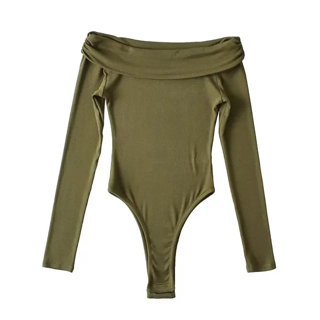 Off Shoulder Long Sleeve Bodysuits Women Knitted Elegant High Stretchable Slim 5 Colors Jumpsuits