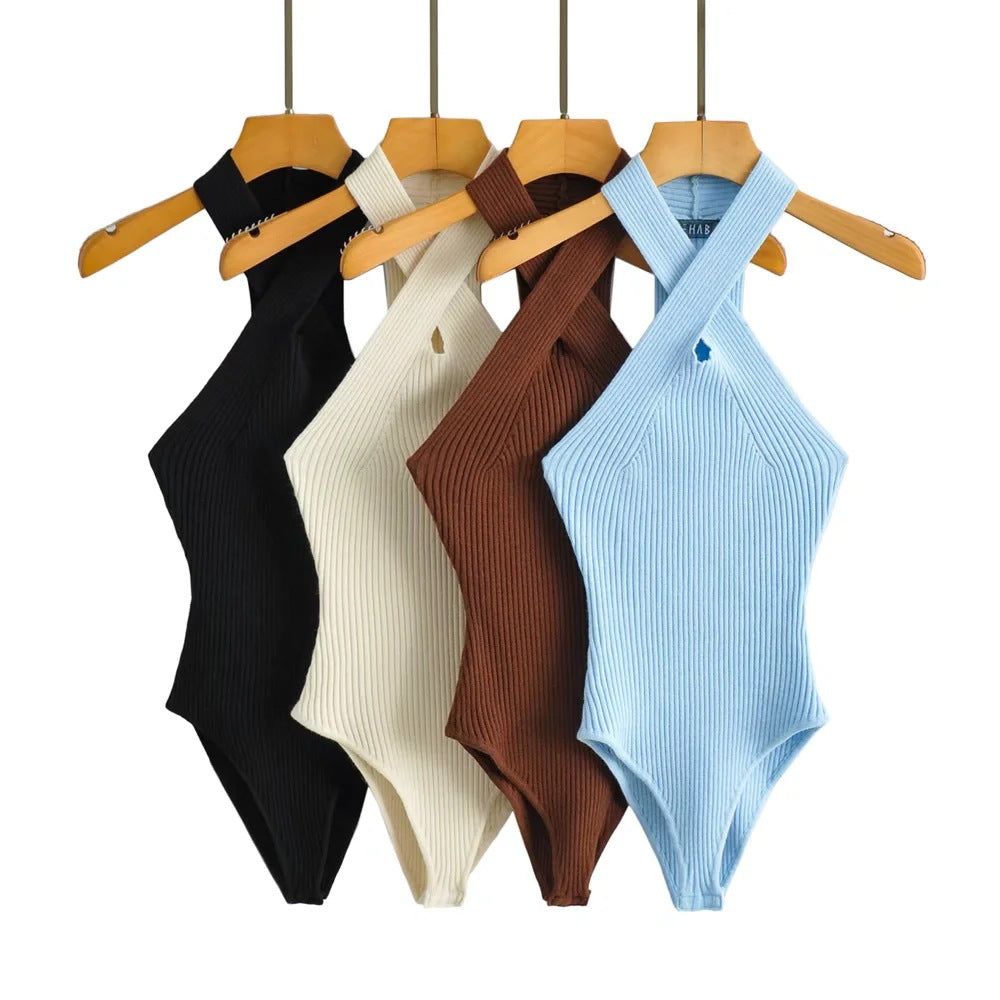 Women Sexy Cross Halter Bodysuits Summer Elastic Slim Solid Color Jumpsuits  Black Sleeveless Bodysuit