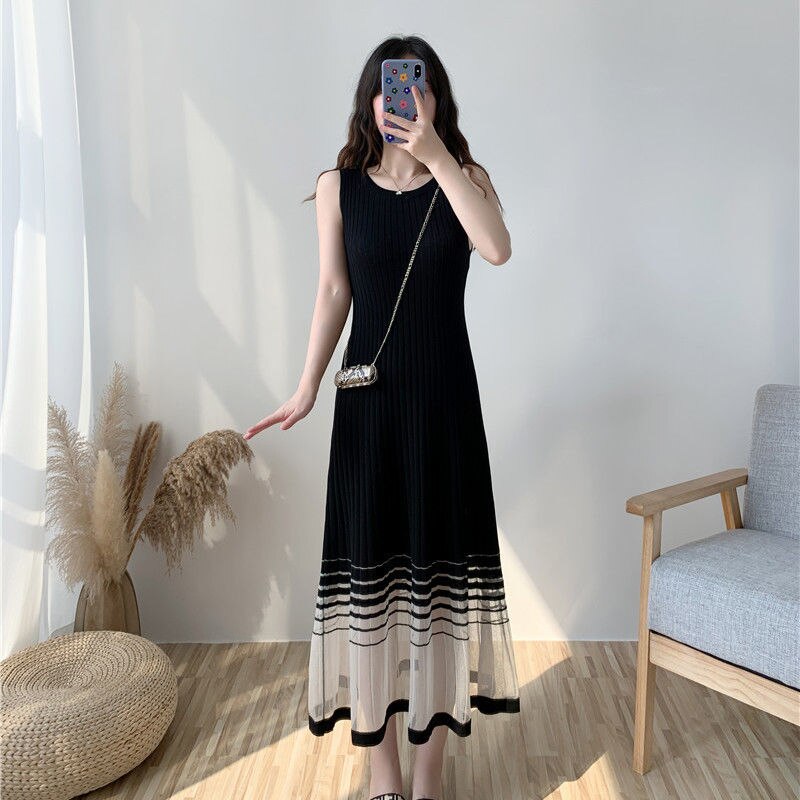 Knitted Sleeveless Long Dress Summer Dress Women's Soft Casual Stretch A Line Mesh Patchwork Striped Hem Dresses