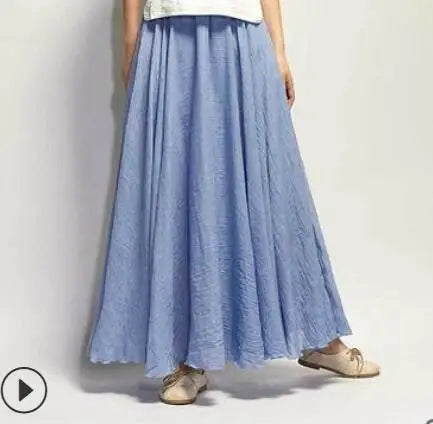 Cotton Linen Maxi Skirt Women Spring Summer Elastic Waist Vintage Solid Pleated Long Skirts Mori Girl Boho Beach Skirt