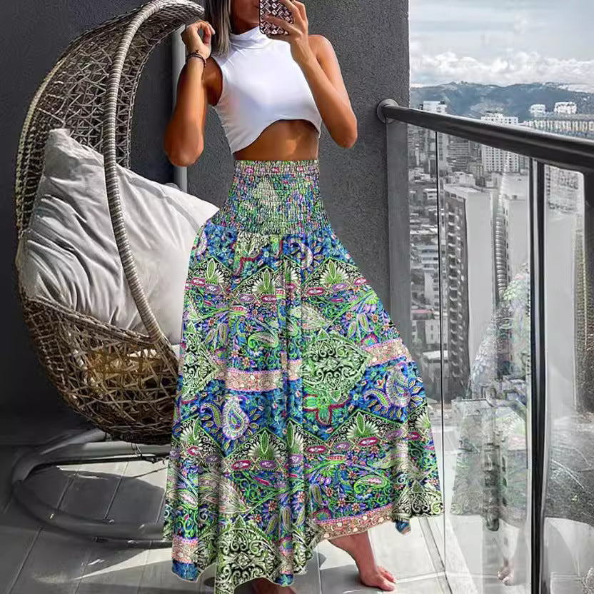 Women's Long Skirt Beach Boho Print Skirts for Women  Summer Casual Elastic High Waist Big Swing Maxi Skirts Vacation Robe