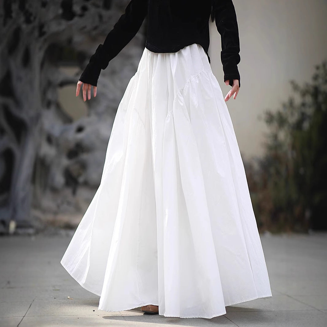 Vintage High-Density Cotton Maxi Skirt, Solid Color, Oversized A-Line, Elastic Waist, Washed Cotton, Boho Style, Long Skirt