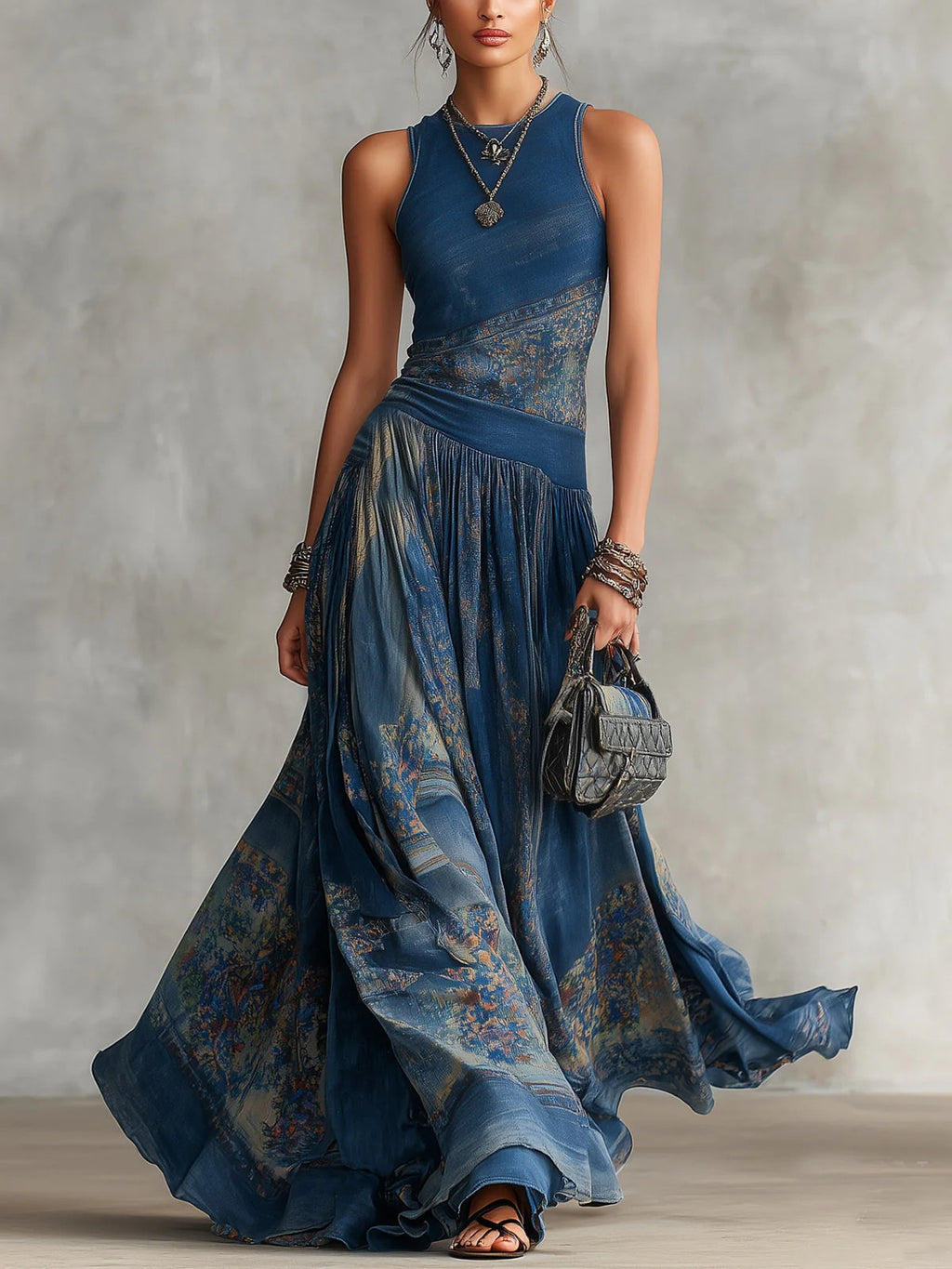 Printed sleeveless vest dress with elegant large swing round neck skirt