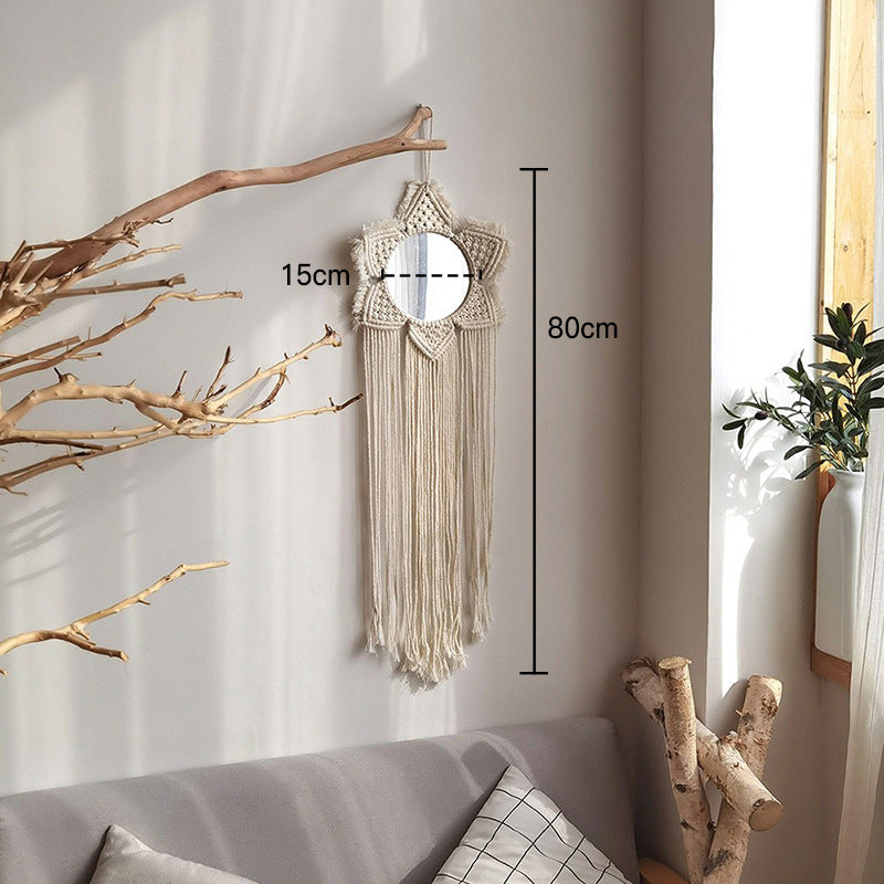 Ins Original Nordic Mirror Decoration Bohemian Weaving Handmade Cotton Thread Wood Bead Tapestry Mirror Bedroom