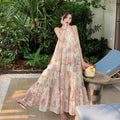 A Line Dress For Women Stand Collar Sleeveless Loose Waist Spliced Ruched Summer Print Long Dresses