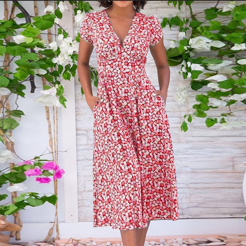 Printed Pocket Boho V-Neck Dress