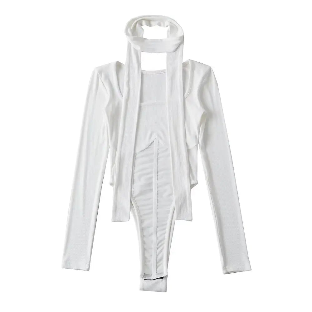 Women Sexy Mesh Square Collar White Bodysuits Spliced Perspective Elastic Slim Jumpsuits With Scarf