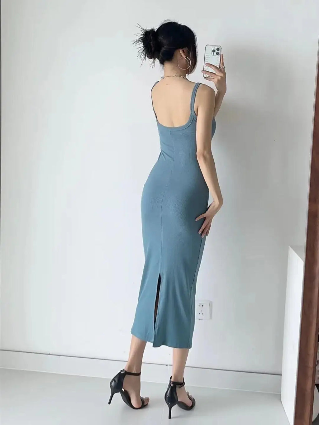 Summer Spaghetti Strap Knits Midi Dress Women Backless Split Slim Elastic 6 Colors Dresses