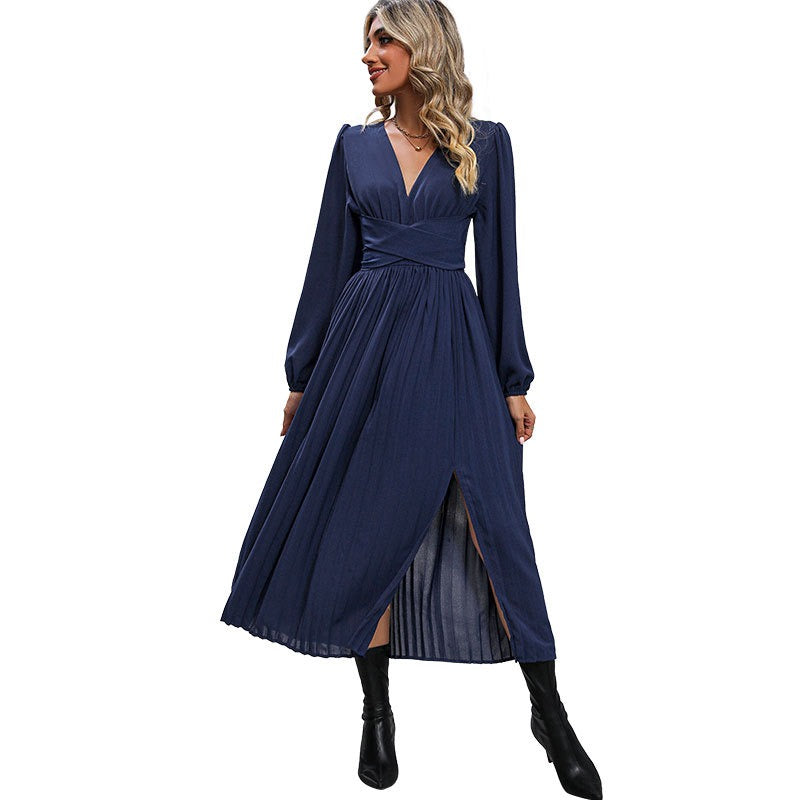 Spring and Autumn European and American women's multi colored long sleeved solid color dresses, medium to long styles