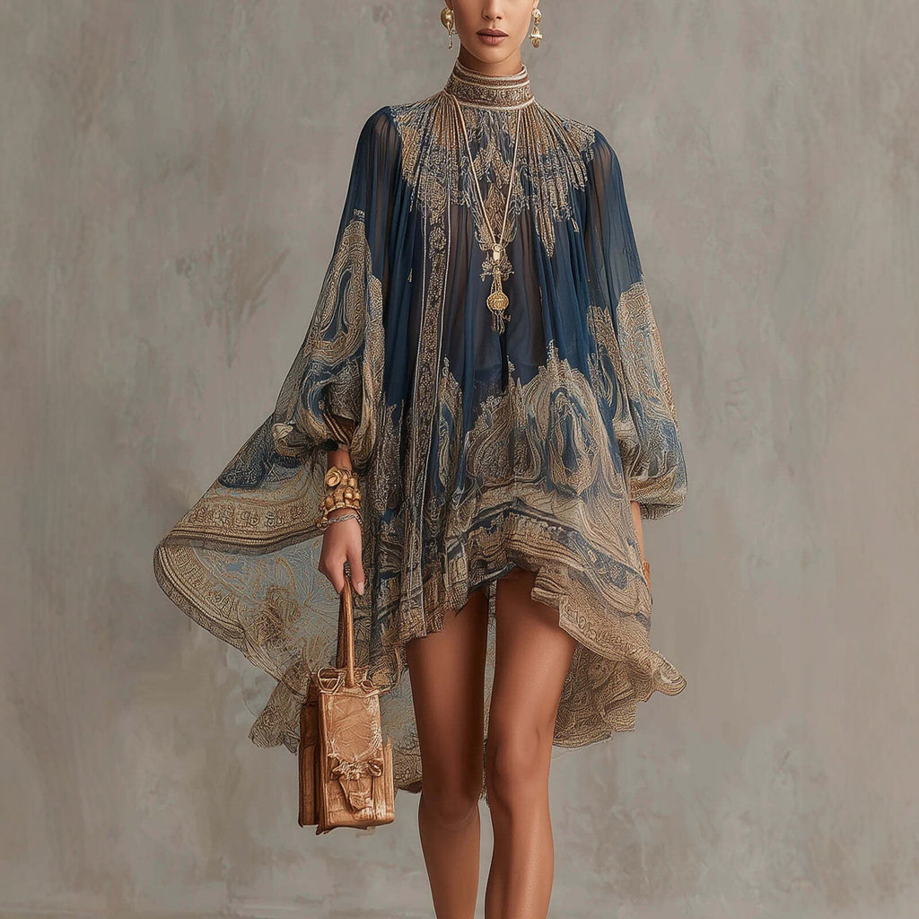 Boho Chiffon Long Sleeve High Neck Mini Dress