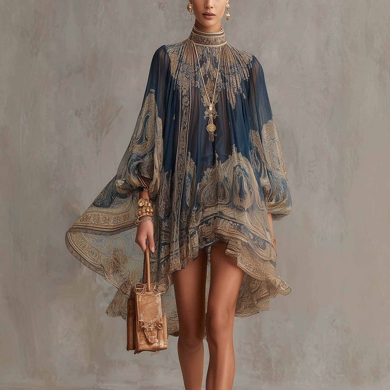 Boho Chiffon Long Sleeve High Neck Mini Dress
