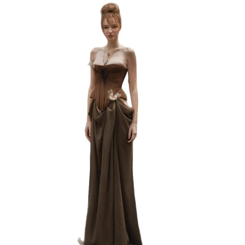Vintage Retro Strapless Dress with Patchwork Design, Boho Chic Long Cocktail Dress for Women