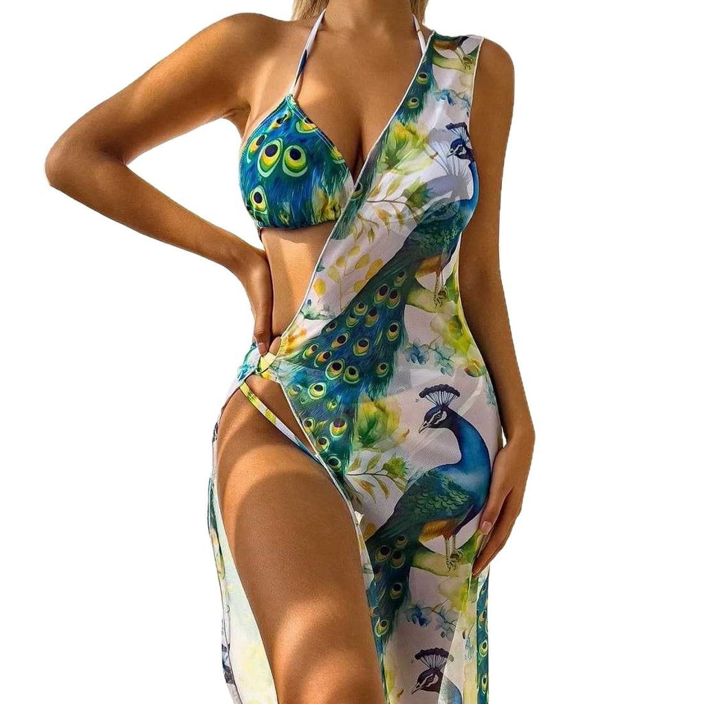 Split swimsuit printed suspender with exposed back