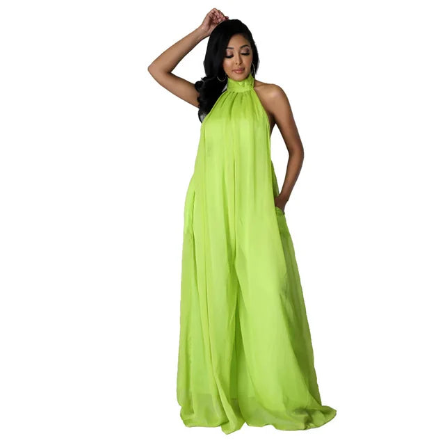 Elegant Holiday Chiffon Jumpsuits Halter Sleeveless High Waist Women Wide Leg Playsuit Open Back Pleated Rompers