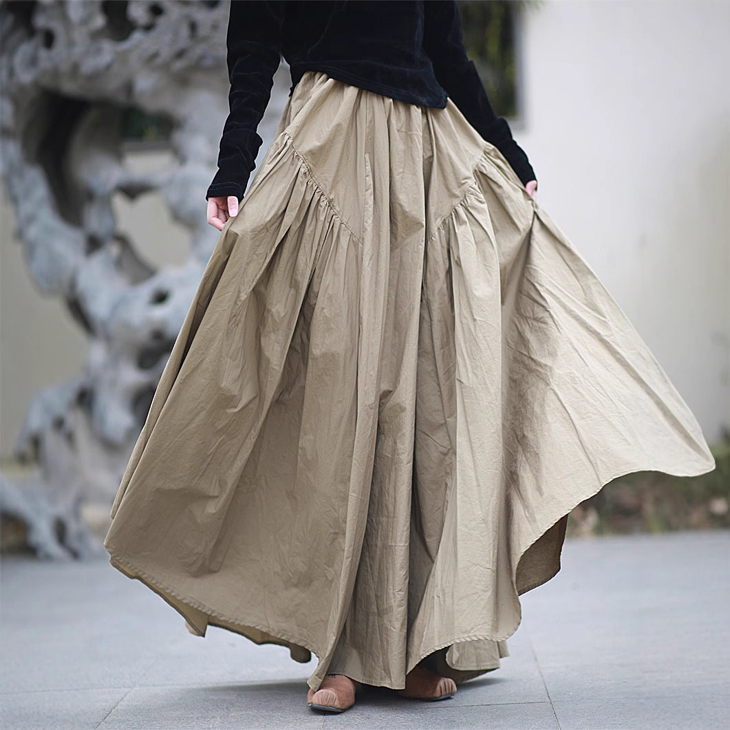 Vintage High-Density Cotton Maxi Skirt, Solid Color, Oversized A-Line, Elastic Waist, Washed Cotton, Boho Style, Long Skirt