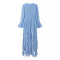 Elegant ruffle edge slim fit and slimming trumpet sleeve dress