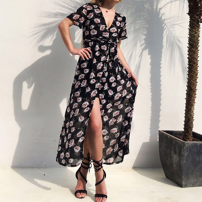 Summer Short Sleeve boho Dress Women Sexy Beach Sundress Floral Print Split Dress Party Holiday V neck Long Dresses
