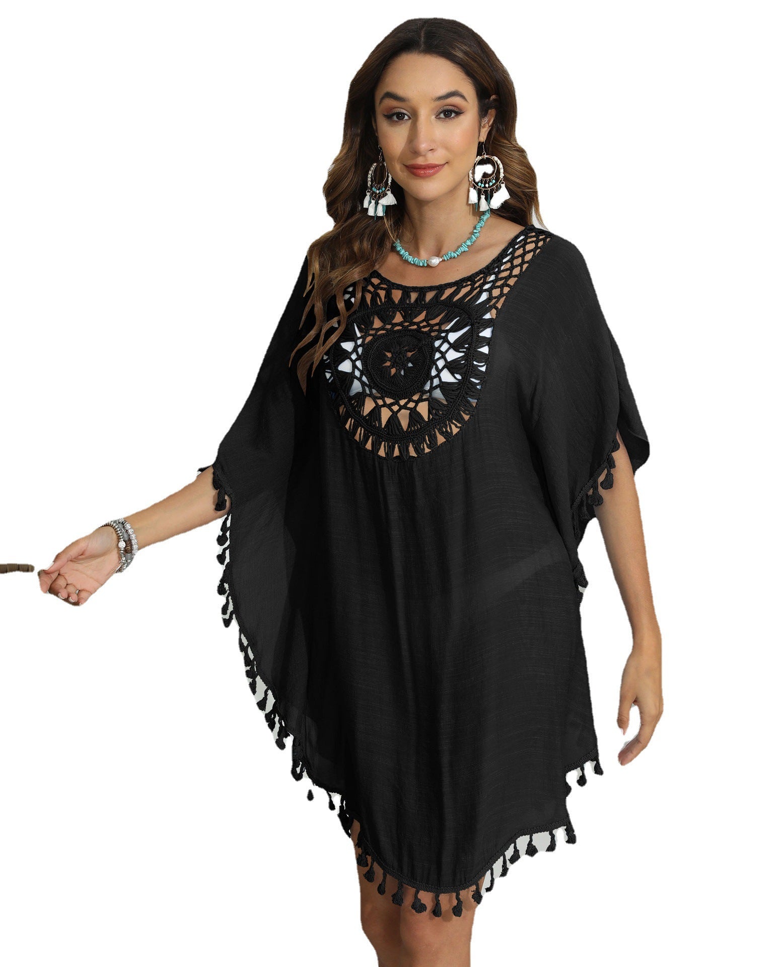 Women's Beach Cover-Up with Hand Crochet Fringe Detailing, Boho Style Bikini Top Outerwear