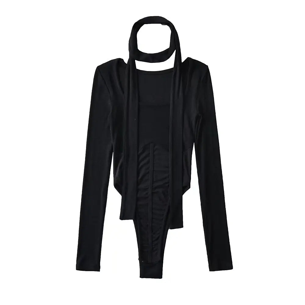 Women Sexy Mesh Square Collar White Bodysuits Spliced Perspective Elastic Slim Jumpsuits With Scarf