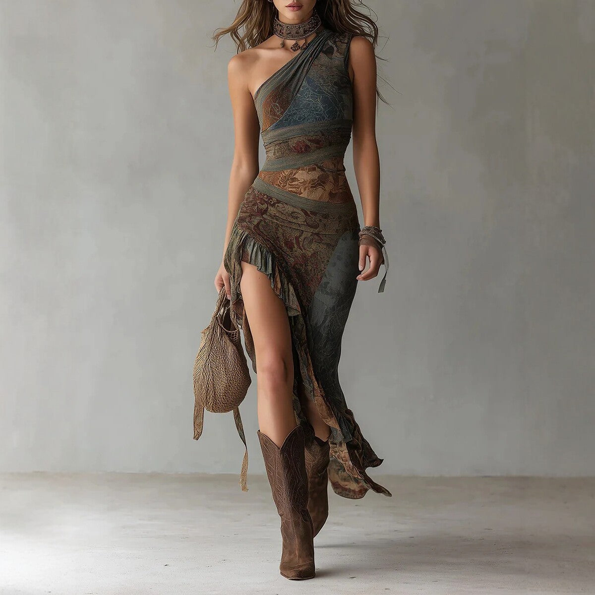 Boho Patchwork Asymmetric Slip Dress With High Slit