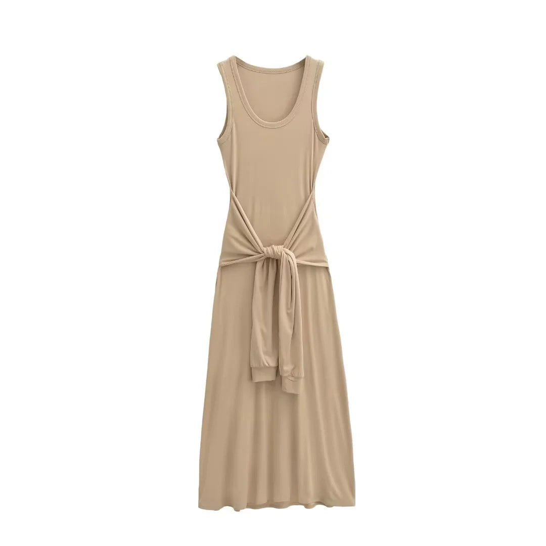 Fake two waist cinched sleeveless vest long dresses