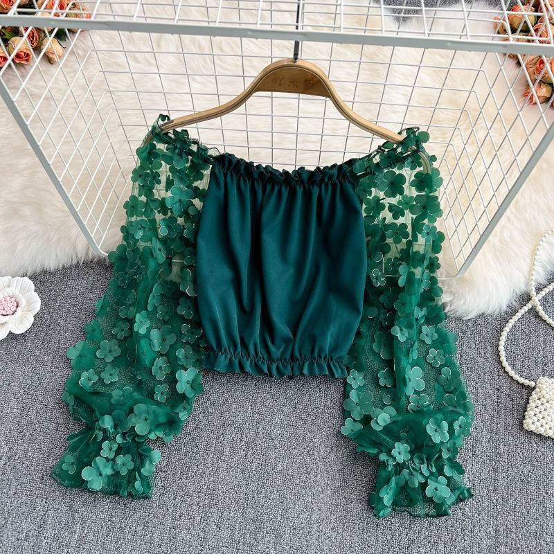 Off Shoulder Three Dimensional Flower Perspective Mesh Patchwork Chiffon Shirt for Womens Loose Waist Short Off Shoulder Top