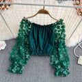 Off Shoulder Three Dimensional Flower Perspective Mesh Patchwork Chiffon Shirt for Womens Loose Waist Short Off Shoulder Top