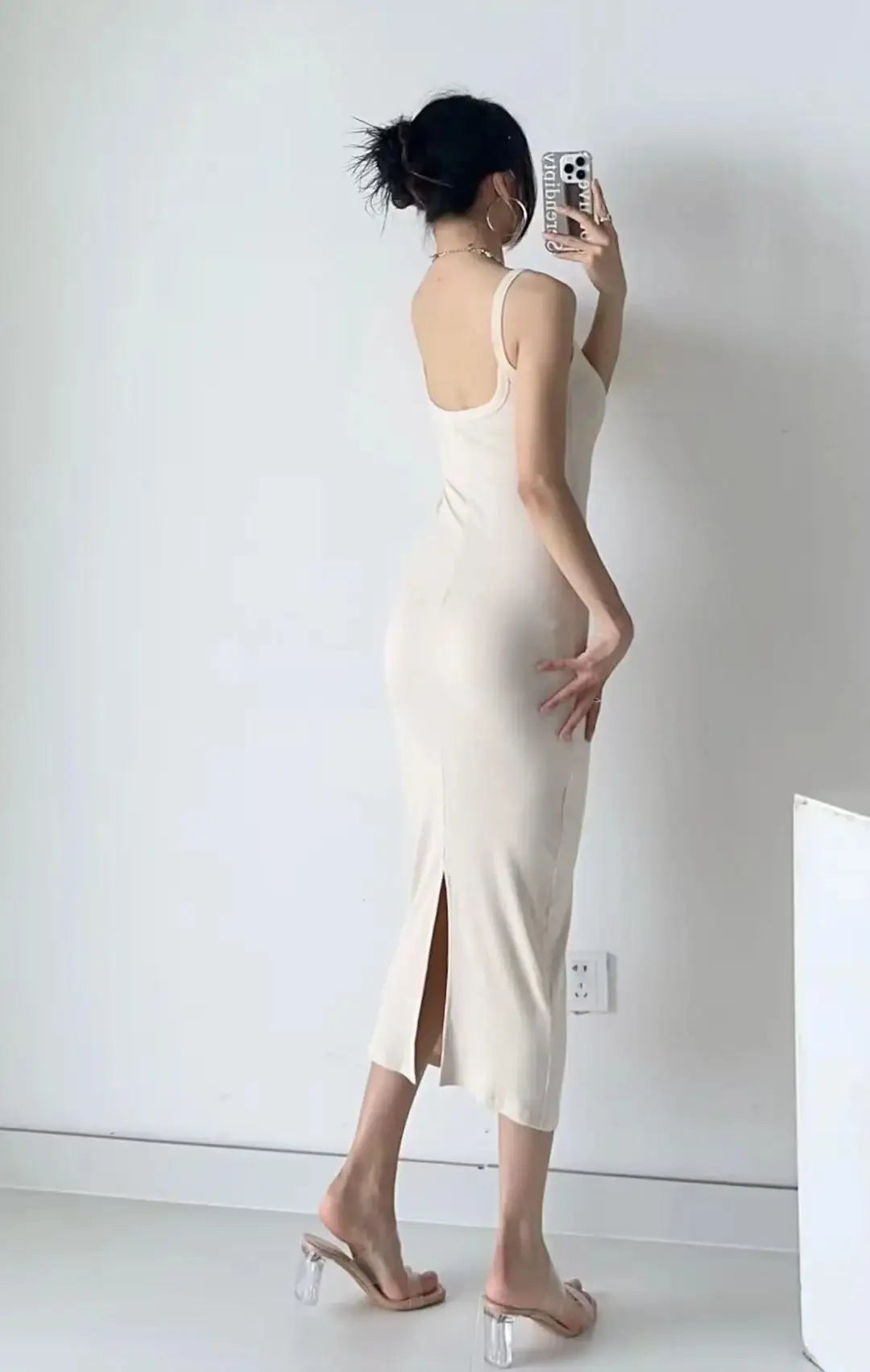 Summer Spaghetti Strap Knits Midi Dress Women Backless Split Slim Elastic 6 Colors Dresses