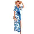 European Style Spring And Summer New Style Floral Slits Tie Temperament Leisure Holiday Style Dress