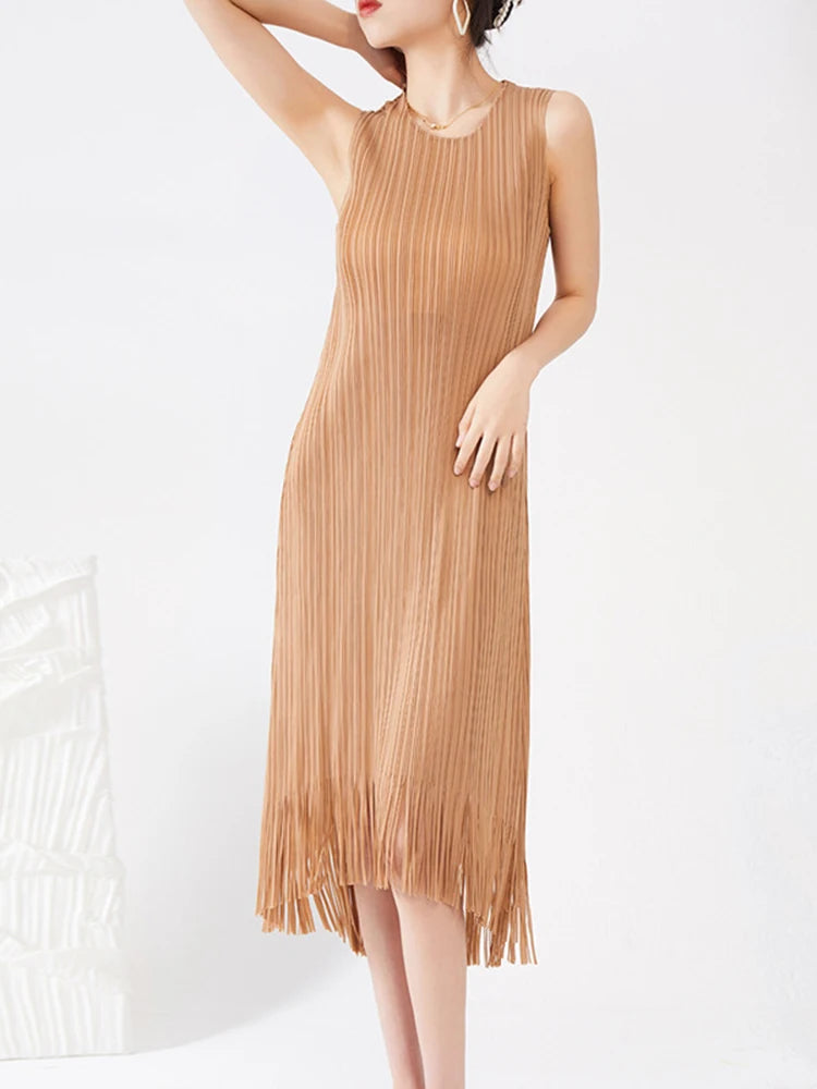 Pleated Dress Women Sleeveless Straight Tassel Summer New Temperament High-end Long Dresses Female Elegant