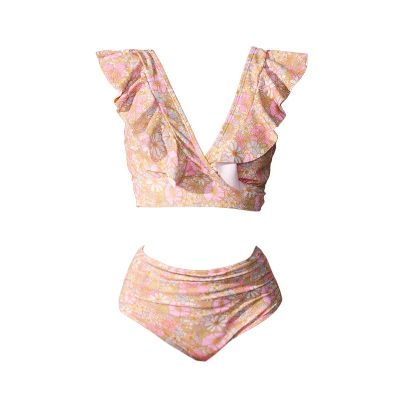 V-neck Printed Two-Piece Swimsuit for Women with Ruffle Tie and Floral Pattern