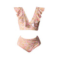 V-neck Printed Two-Piece Swimsuit for Women with Ruffle Tie and Floral Pattern