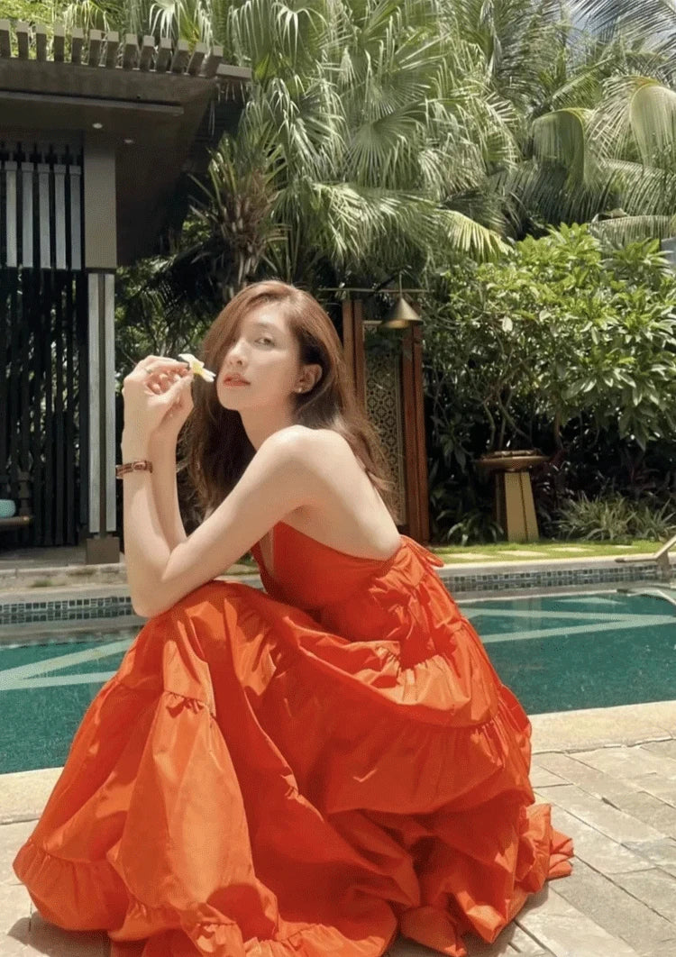 Fashion Solid Color A Line Summer Maxi Long Party Dresses Lady Cross Strap Open Back Sundresses