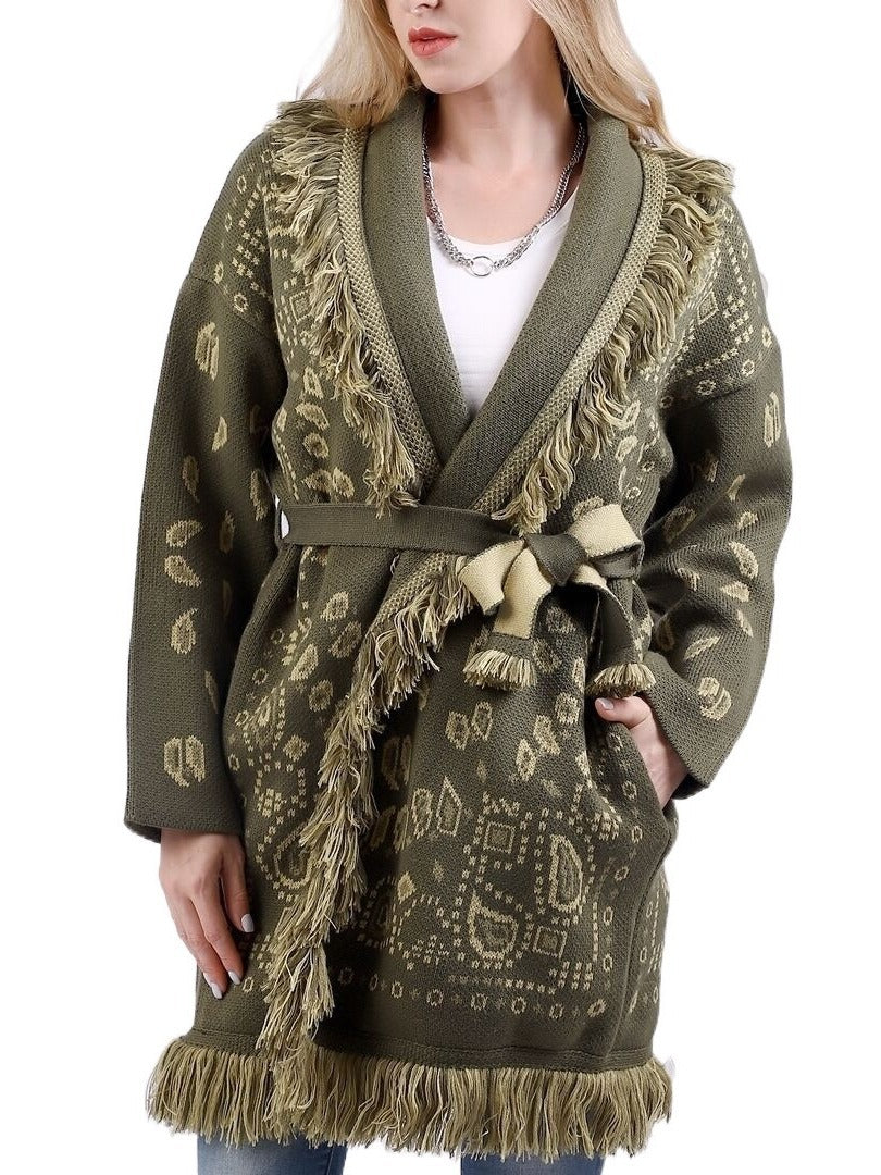 Oversized Jacquard Cardigan fringe hem belt tied cardigan women new autumn winter warm boho cardigan sweater coat