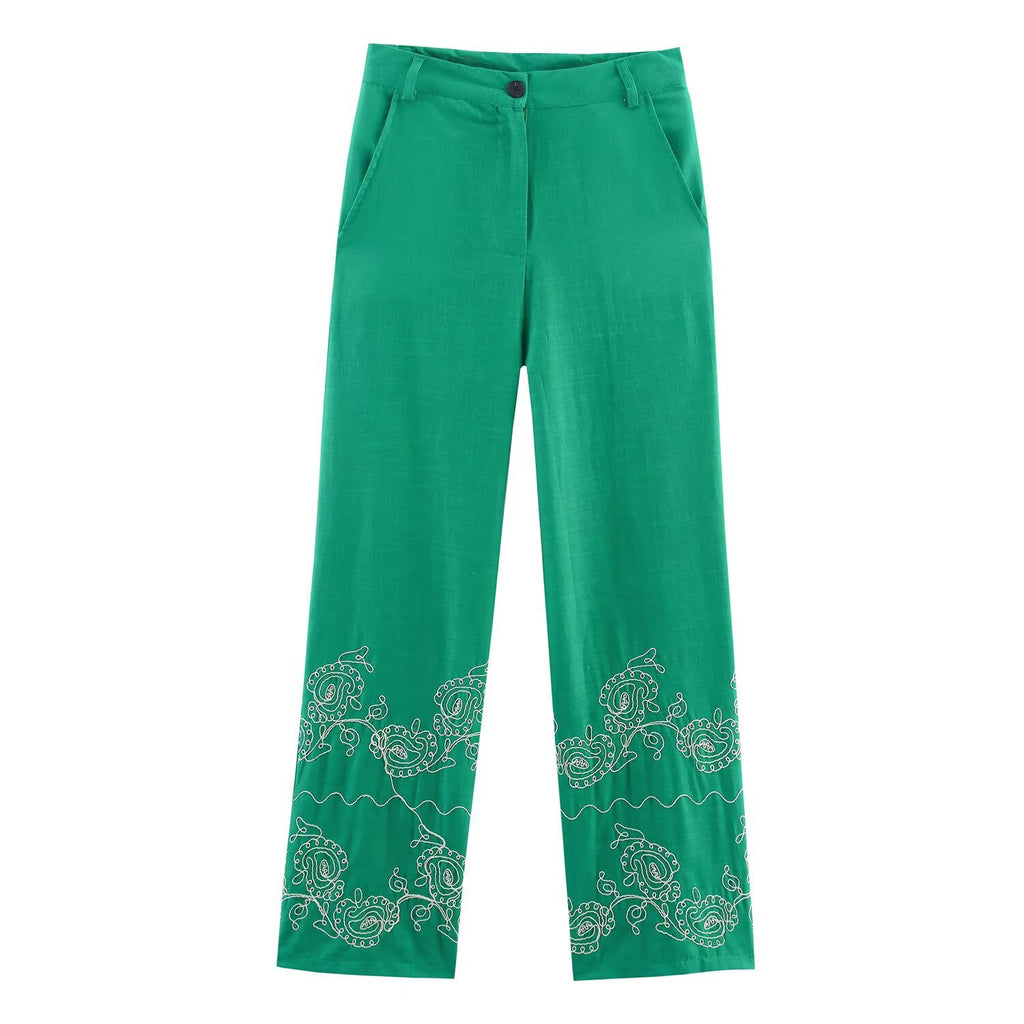 Casual versatile embroidered wide leg pants