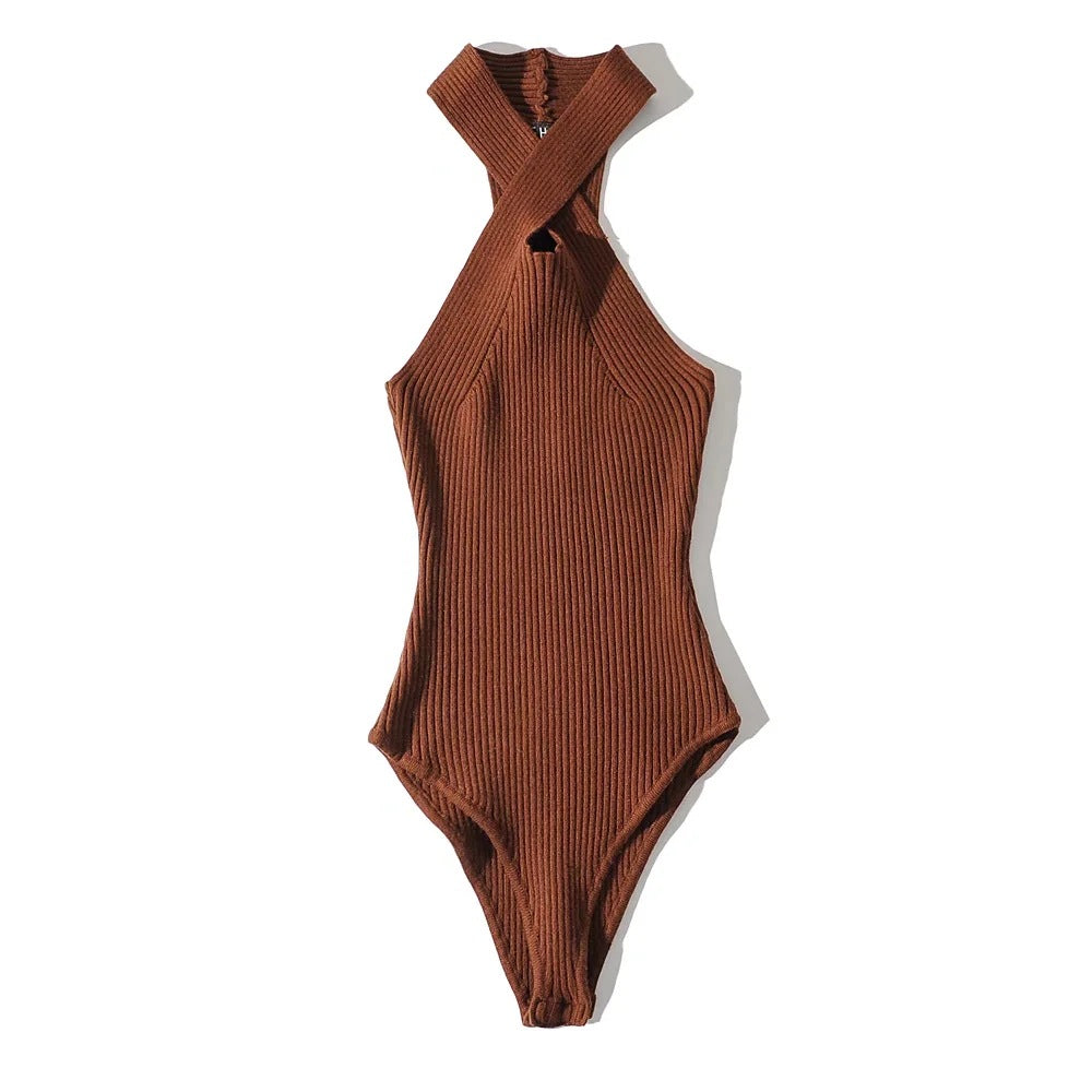 Women Sexy Cross Halter Bodysuits Summer Elastic Slim Solid Color Jumpsuits  Black Sleeveless Bodysuit