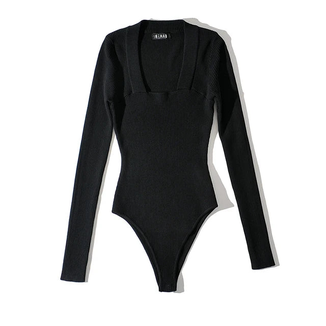 Sexy Slim Square Collar Bodysuit Women Long Sleeve Knitted Elastic Slim Black Jumpsuits