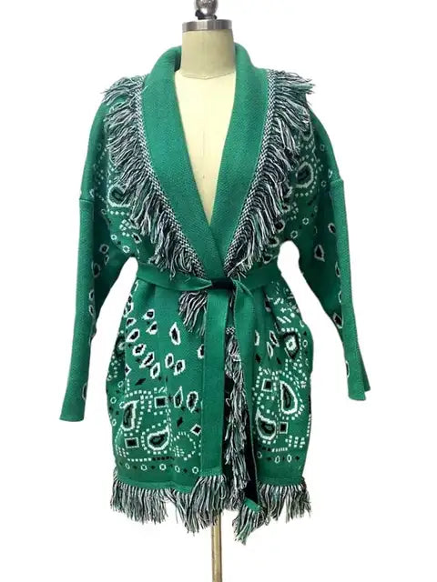 Oversized Jacquard Cardigan fringe hem belt tied cardigan women new autumn winter warm boho cardigan sweater coat