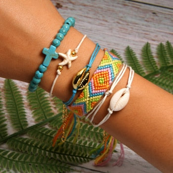 6 Pieces Puka Shell Bracelet Set Cross Beads Weave Boho Fashion Girl Friendship Charm Bracelet Summer Jewelry