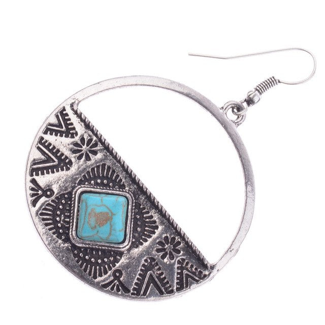 Women's Gothic Bohemia Boho Gypsy Faux Turquoises Round Carved Earrings Jewelry