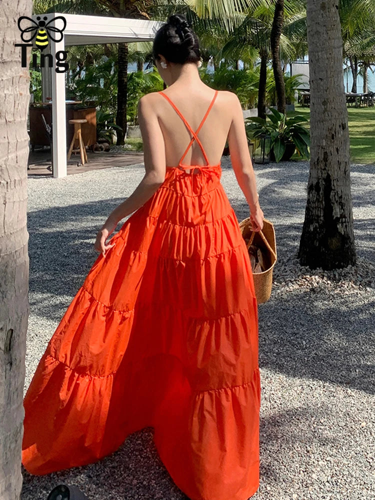 Fashion Solid Color A Line Summer Maxi Long Party Dresses Lady Cross Strap Open Back Sundresses